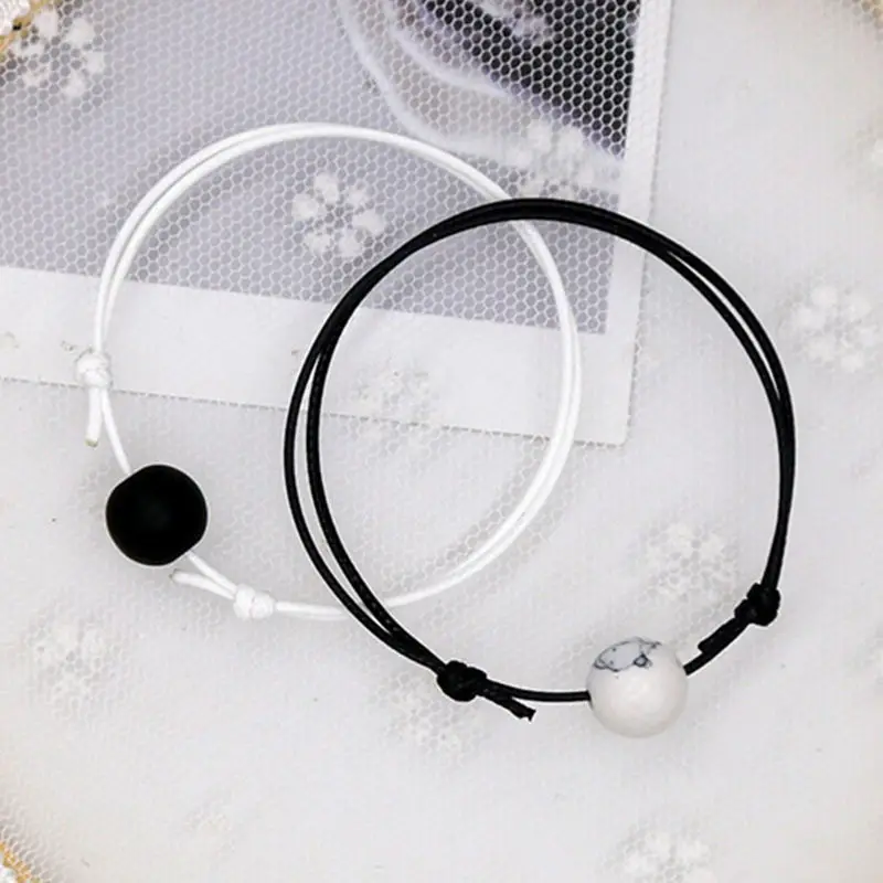 New Fashion Bracelet for Women and Men Artificial Stone Ball Charm Bracelets Paired Rope Chain Couple Bracelets Gifts for Lovers - Окраска металла: black and white