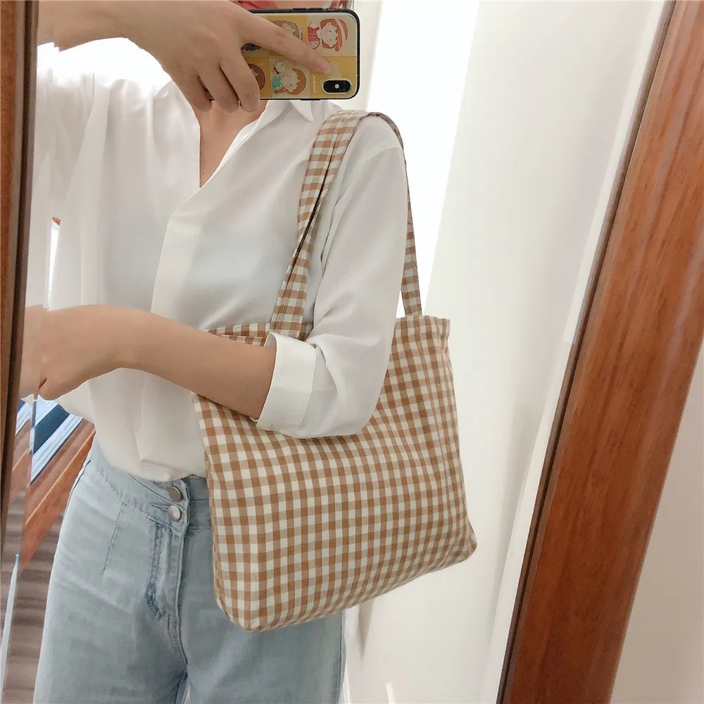 Korean Style Plaid Shoulder Bag Cotton Fabric Women Reusable Shopping Tote  Female Travel Handbag Environmental Durable Totes New - AliExpress