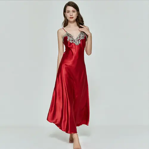 여성용 잠옷 레이스 패치워크 긴 잠옷 스트랩 민소매 V넥 레드 핑크 블랙 수면 드레스, 섹시한 잠옷, 여름 2