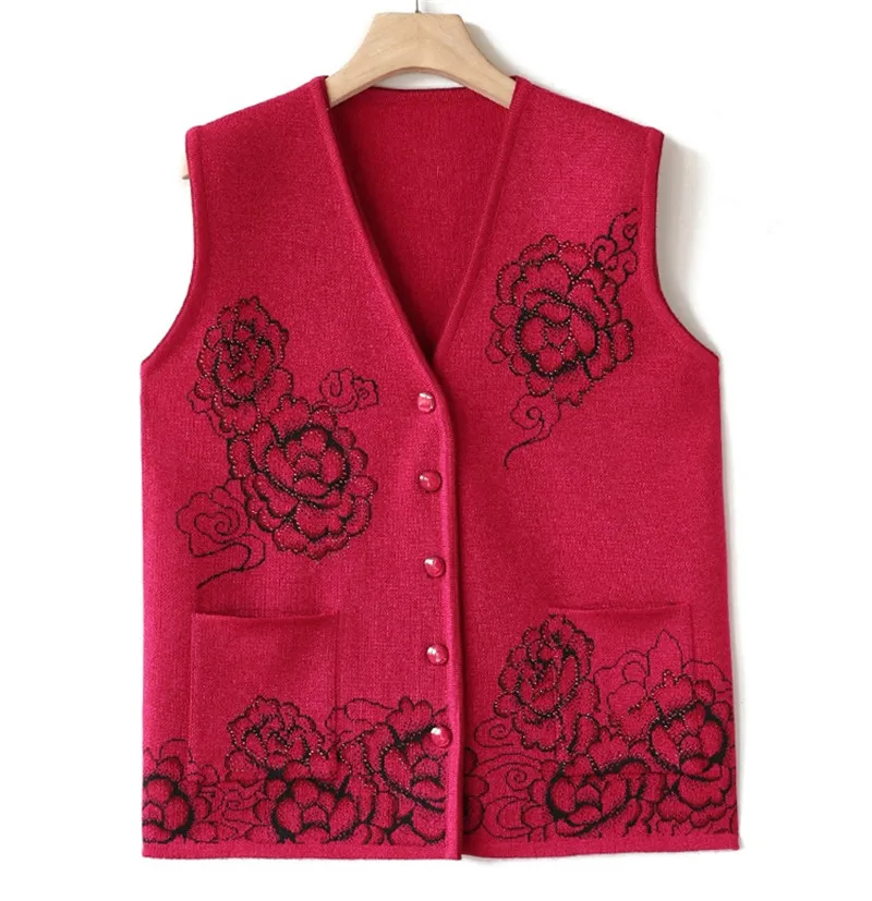 Middle-aged women Print Sweater Vest Autumn Winter vests Sweater knit Cardigan Womens Short Plus size Sweater Vests Jackets F856