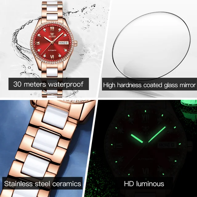 OLEVS Luxury Brand Automatic Watch for Women Ceramic Steel Strap Mechanical Watch Diamond Waterproof Female Clock Montre Femme 6