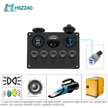 

12-24V Car Universal Flve-Position Switch Panel Round Switch Dual USB Car Charger Digital Display Voltage With Cigarette Lighter