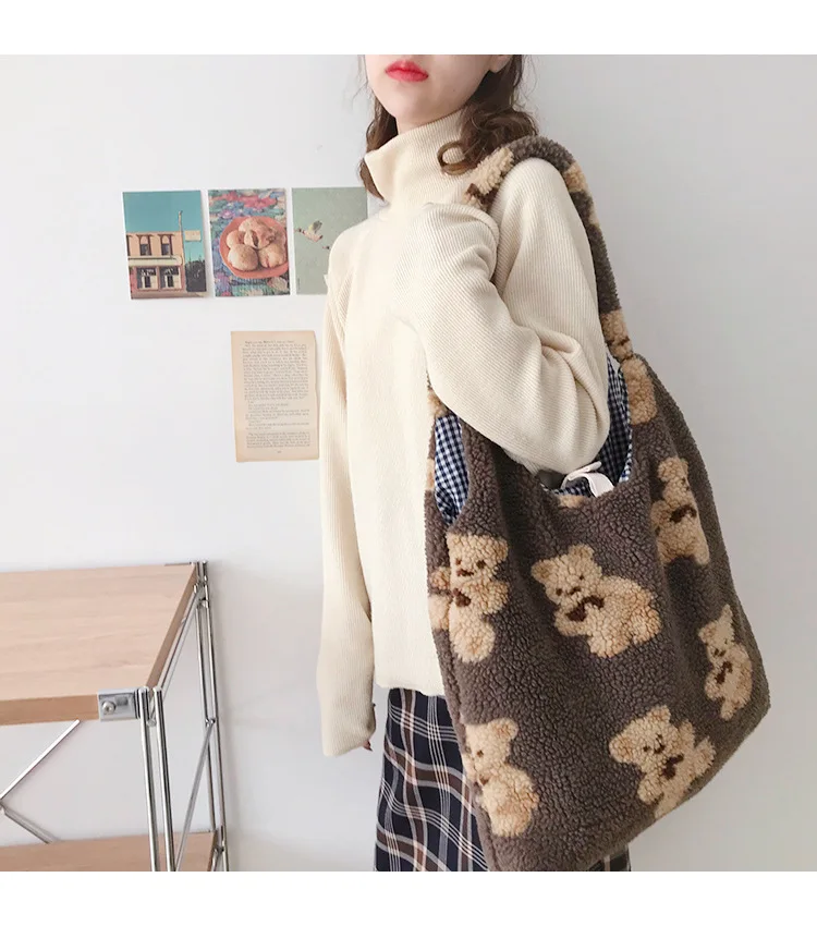 Women Plush Shoulder Bag Warm Cloth Fabric Handbag Soft Canvas Tote Large Capacity Shopping Bags Cute Bear Book Bags For Ladies