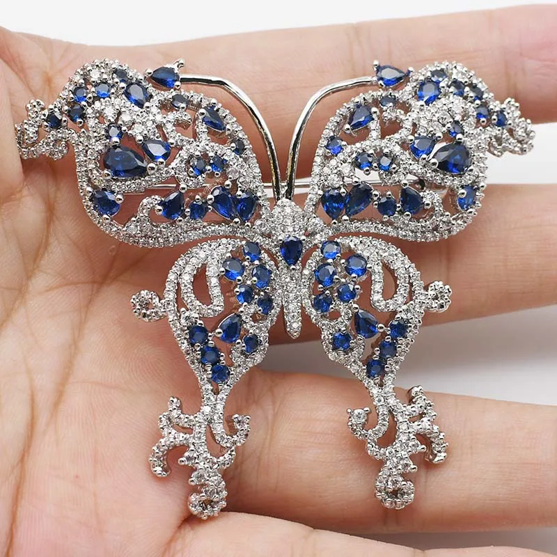 70X57mm Women's High Quality  White gold plated Mixed Color Cz micro butterfly brooch