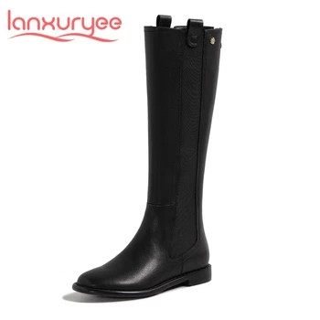 

Lanxuryee hot round toe low heel Chelsea boots metal decorations Korean style elegant young lady streetwear knee-high boots L05