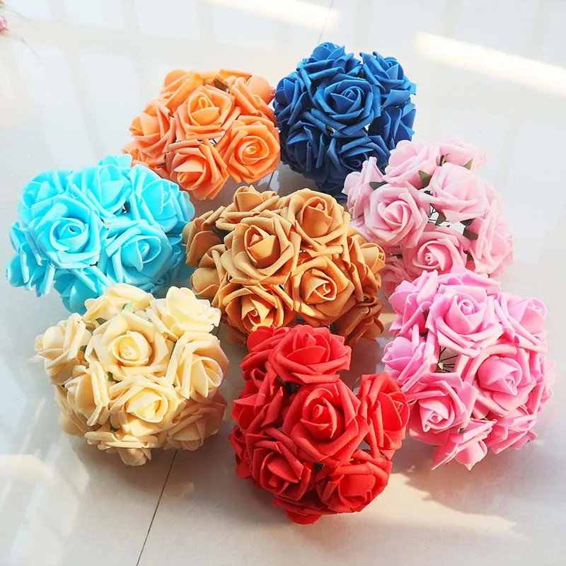 50pcs 4cm Artificial PE Foam Flowers Mini Roses with Green Leaves for Wedding Car Decoration DIY Bride Bouquet Decorative Crafts