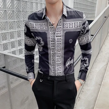 

Vintage Dragon Print Shirt 2019 Fashion Brand Men Club Clothing Autumn Long Sleeve Slim Tuxedo Petticoat Men Casual Dress Shirt