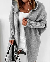 

2021 Ladies Spring and Autumn New Fashion Loose Bat Sleeve Hooded Cardigan Ladies Mid-length Gray Sweater Jacket