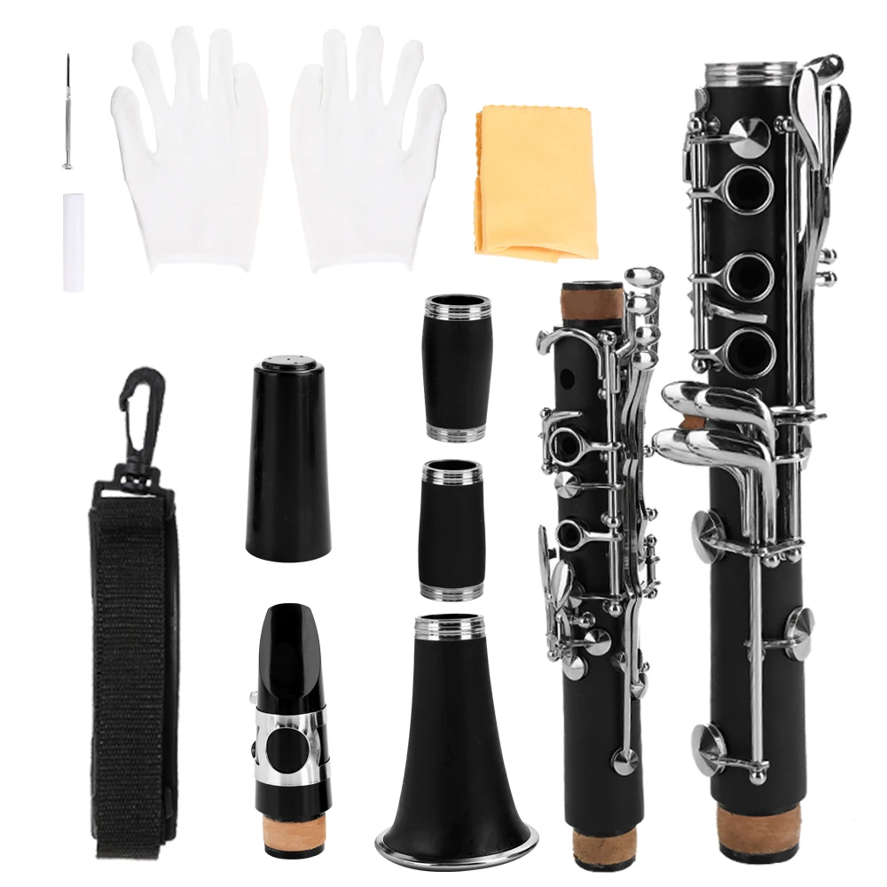

Black Clarinet ABS 17 Key bB Flat Soprano Clarinet with Cleaning Cloth Gloves Reed Screwdriver Case Woodwind Instrument