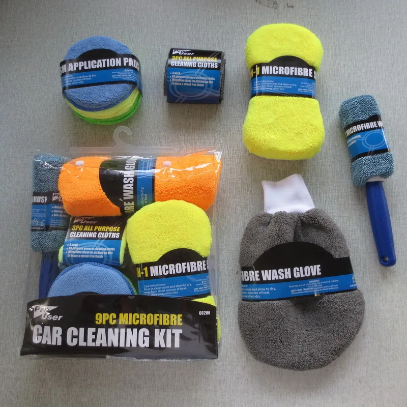 9 Pieces Vehicle Cleaning Block Tool Car Wash Gloves Polishing Wax Pad Towel for Wiping Cars Tire Brush Cleaning Gift Set