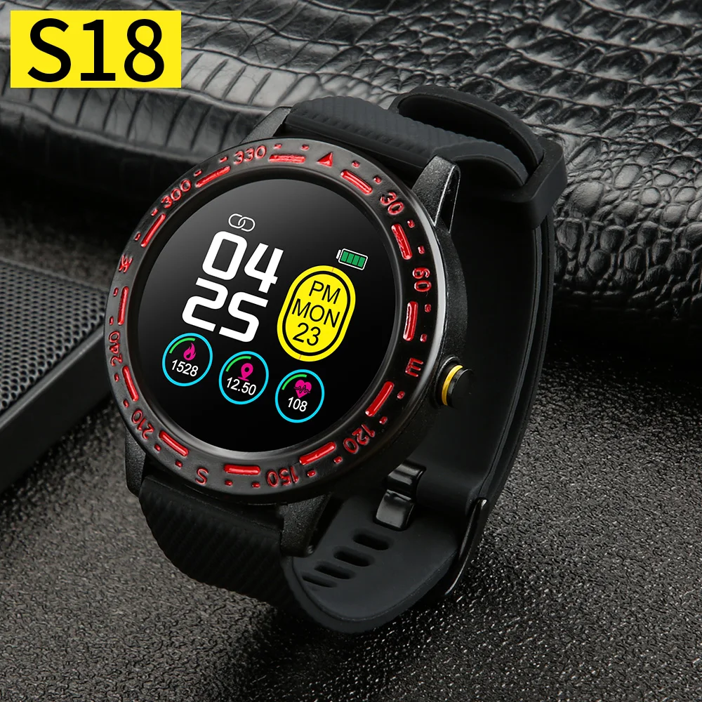 black red S18 Смарт-часы мужские водонепроницаемые все сенсорный экран для сердечного ритма монитор кровяного давления монитор сна фитнес-трекер спортивные умные часы - Цвет: black red