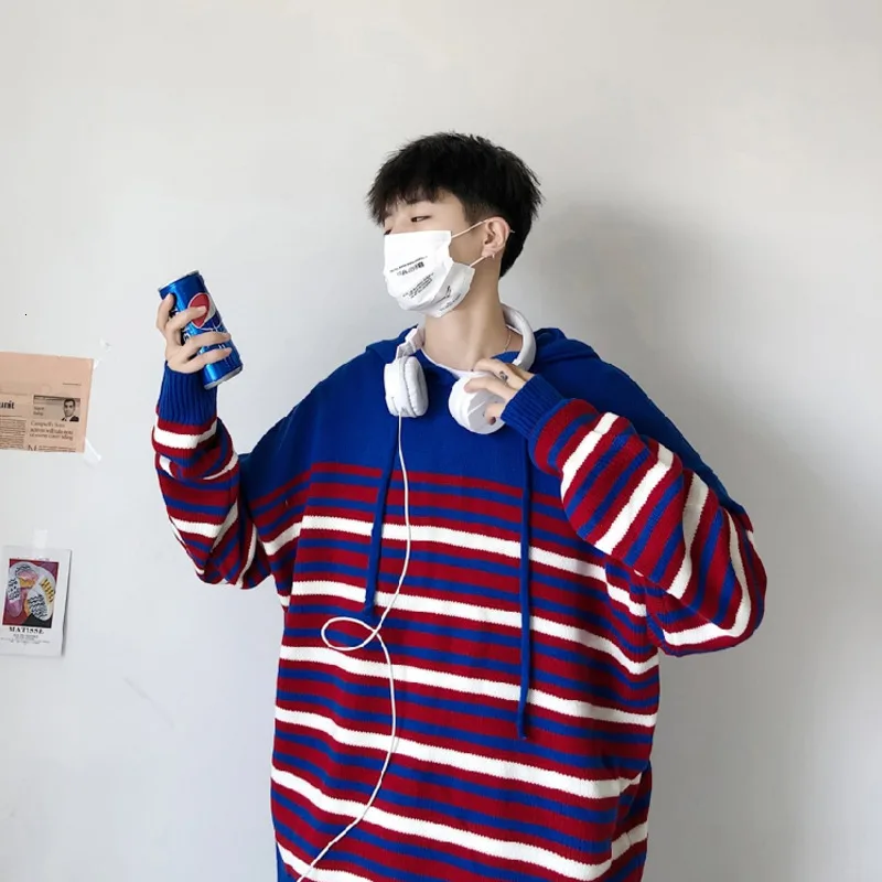 Winter Hooded Sweater Men Warm Fashion Contrast Color Casual Knit Sweaters Man Pullover Men Long Sleeve Striped Sweter Clothes