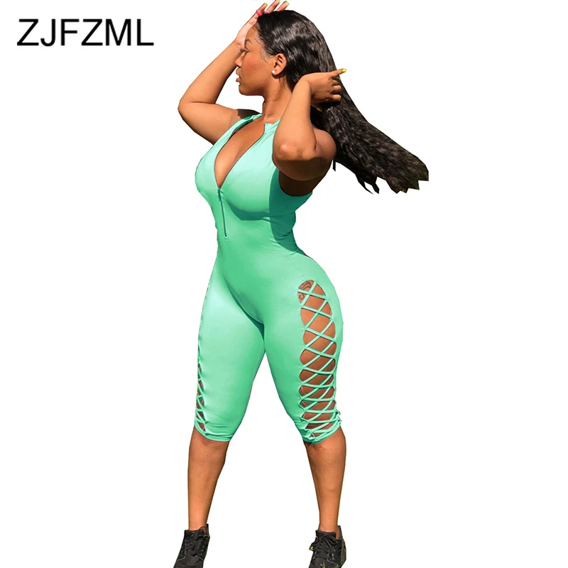 

Sexy Tie Up Hollow Out Bandage Rompers Womens Jumpsuit Sleeveless Front Zipper Short Bodysuits Summer Bodycon One Piece Playsuit