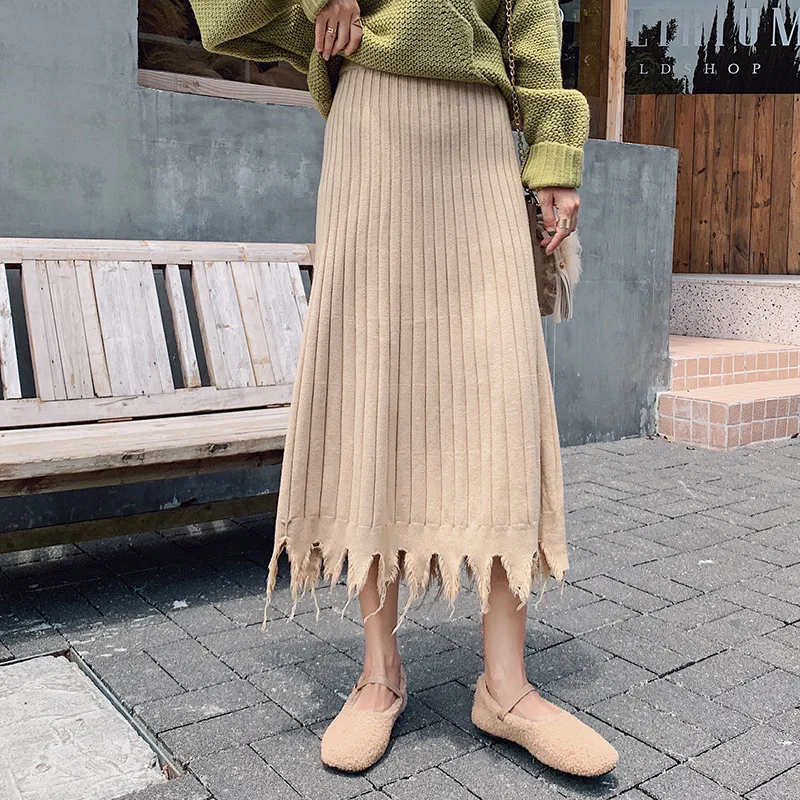 

Irregular Medium-length Knitted Skirt Women's Photo Shoot 2019 Autumn And Winter High-waisted Pleated Skirt over-hip kuan A- lin