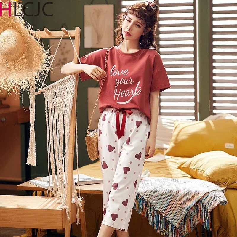 

Pijamas Women Cotton Cartoon Cute Sleepwear Summer Female Pajamas Sets Thin Laides Suit Short Sleeve Pyjamas Women Home Clothes