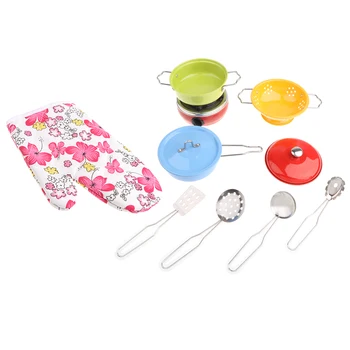 

11 Pieces Metal Multicolored Mini Kitchen Cookware w/Glove Set Utensil Simulation Chef Toy Kids Cooking Play Tool Set