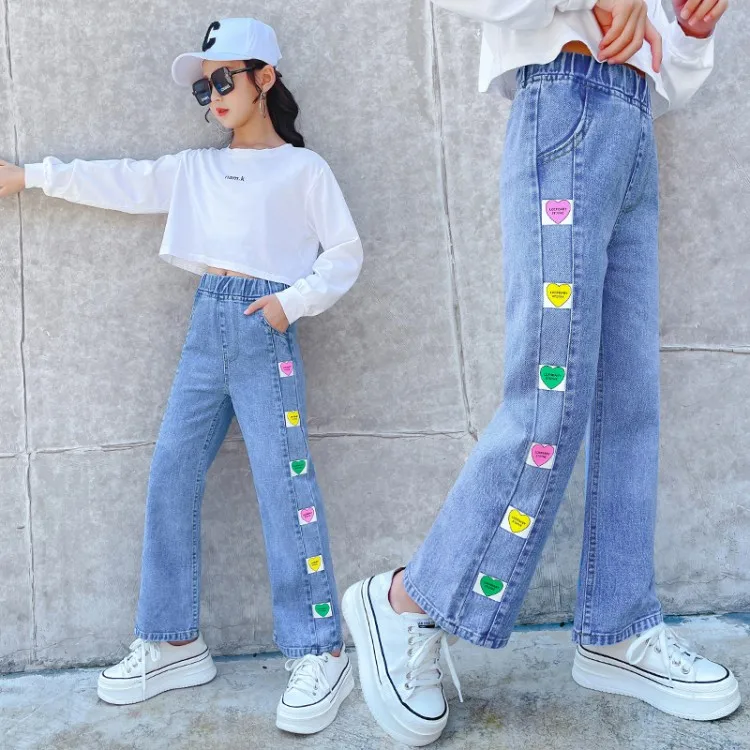 ToeJusty Girls' Colorful Butterfly Wide Leg Jeans - Elastic Waist Baggy Denim Pants For Kids 4-14 Years - View #2