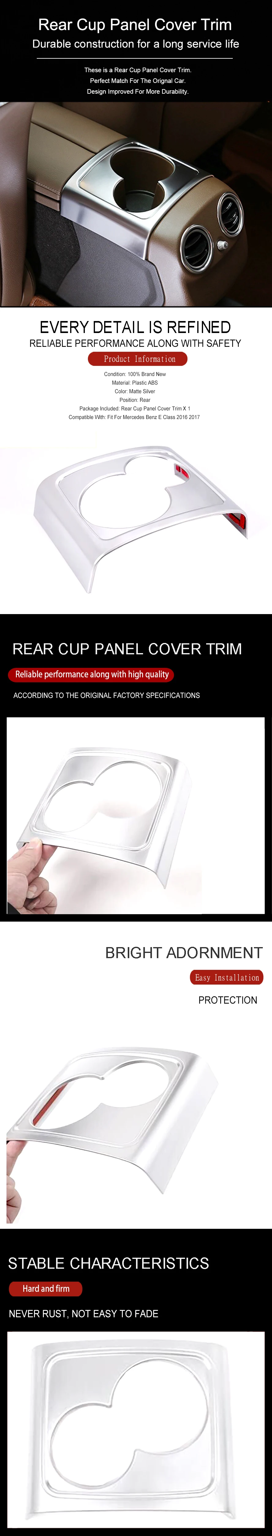 Wooeight Matte Armrest Box Rear Water Cup Holder Frame Panel Cover Trim Fit For Mercedes Benz E Class 2016 2017 Interior Decals (7)