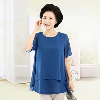 

Middle-aged elderly summer chiffon T-shirt XL fake two-piece women's short-sleeved T-shirt solid color round neck was thin B345