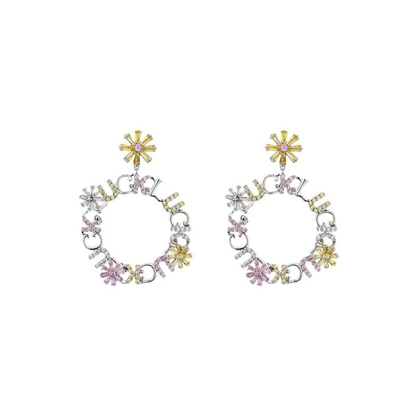 Letters Lucky Statement Earings Silver Color Square Geometric Dangle Drop Earrings for Women Crystal Luxury Wedding Earring