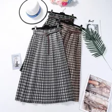 Женская шерстяная плиссированная юбка с высокой талией на осень и зиму, клетчатые юбки средней длины, повседневные свободные женские офисные юбки с эластичным поясом