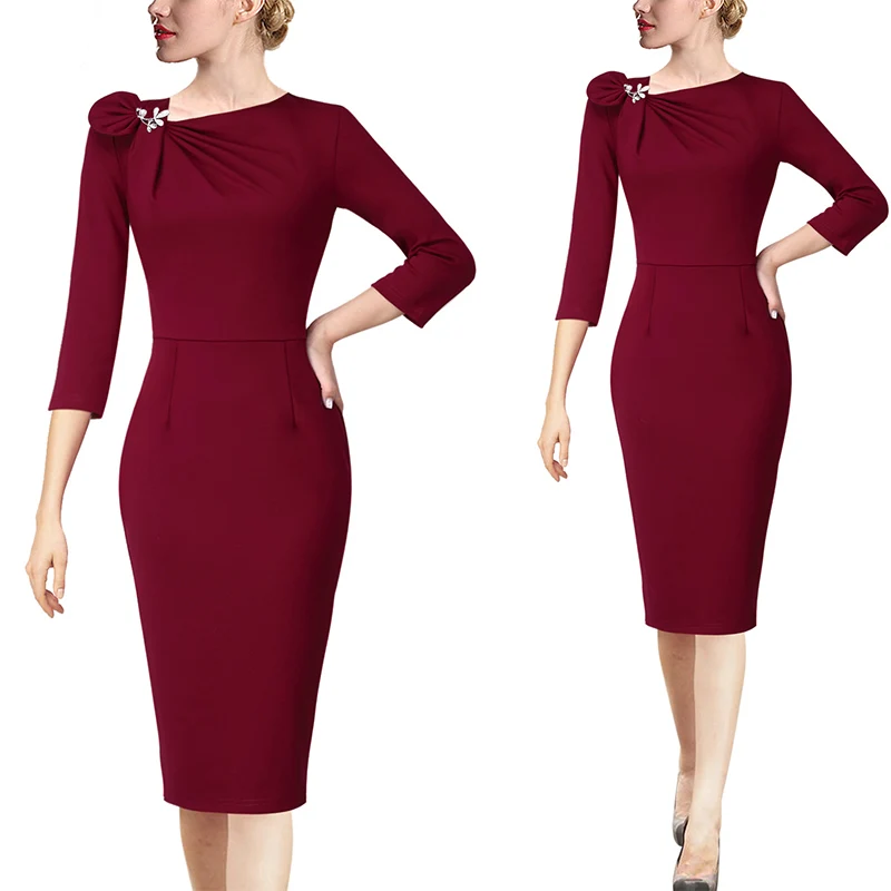 Dark Red Vfemage, женское осеннее элегантное Плиссированное асимметричное платье с бантом, с 3/4 рукавом, облегающее, для работы, офиса, бизнеса, коктейльное, вечерние, облегающее платье, 18333 - Цвет: Dark Red