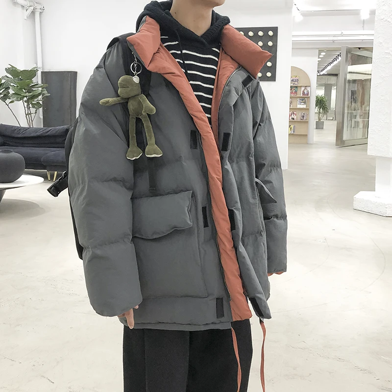 LAPPSTER, корейский стиль, Harajuku, зимняя мужская куртка,, мужская, черная, дутая куртка, пузырьковая, пальто, парка, мужская, теплая, с большими карманами, негабаритное пальто - Цвет: Grey
