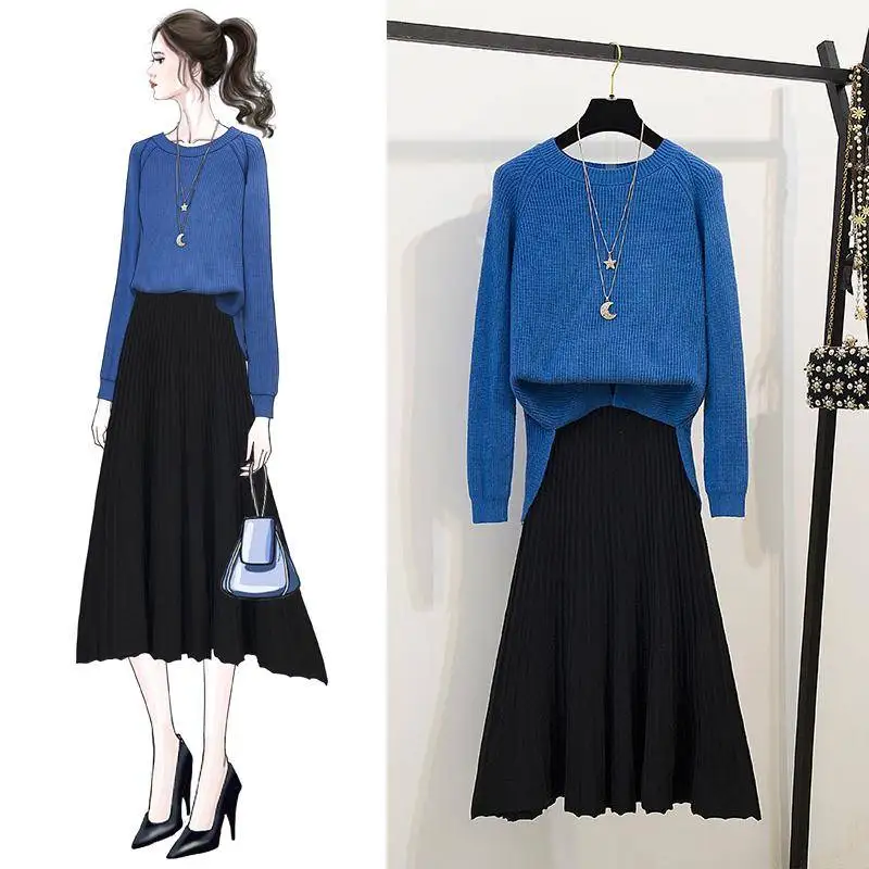 

A-line long skirt set knitted sweater women 2 piece set Korean style winter clothing sweet loose two piece outfits 2ps clothing