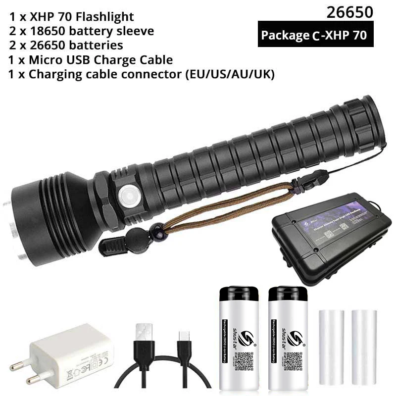 Details about   300000LM XHP70 LED Flashlight Searchlight 4 Modes Built-in Battery 18650 