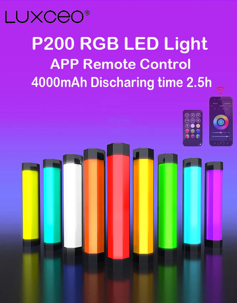 Светодиодная лампа LUXCEO P200 RGB для фотосъемки водонепроницаемая ручная трубка