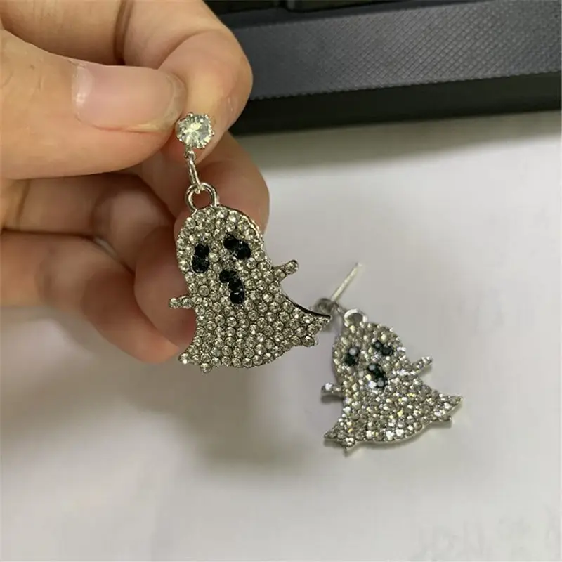 New Halloween Ear Post Stud Earrings Znic Alloy Gold &amp Ghost Clear Rhinestone For Women Girl Holiday Jewelry Gift 1 Pair | Украшения и