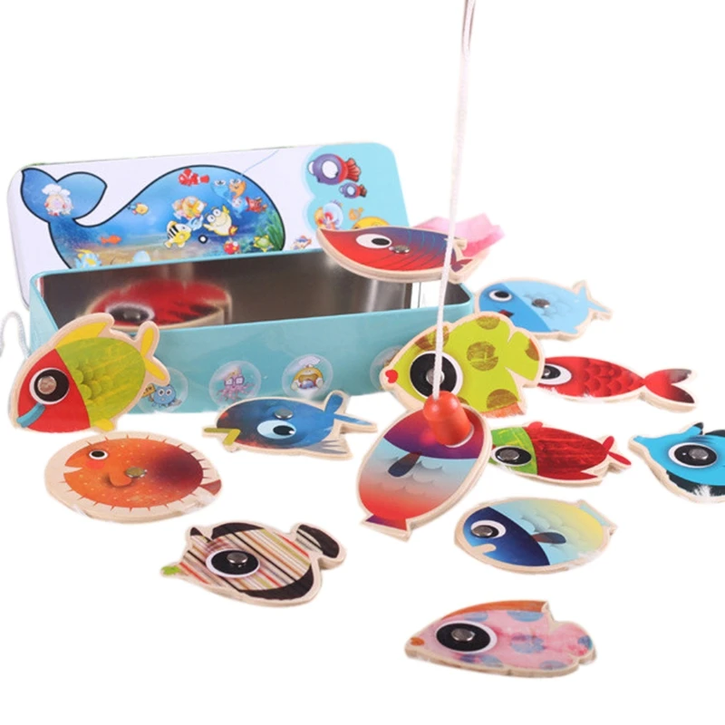 Children'S Wooden Stick Toy Fish Toys Fishing Game Tin Box