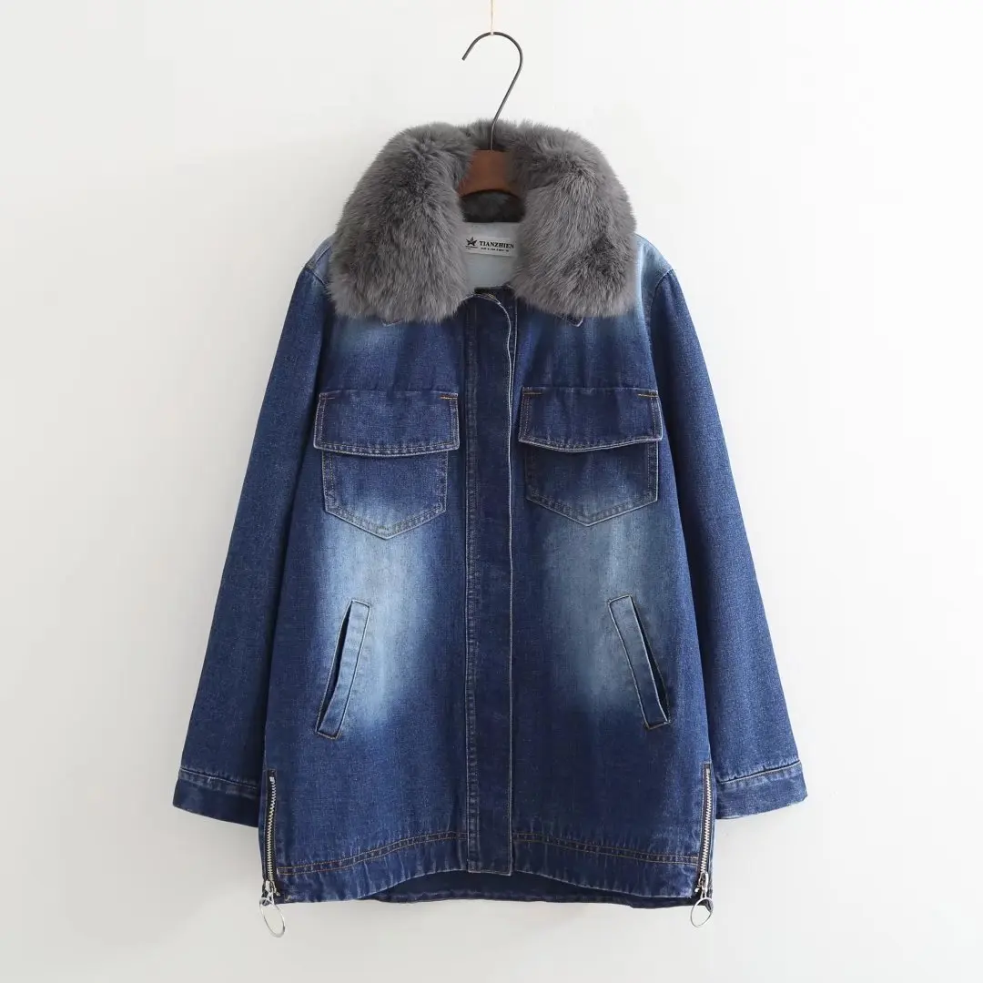 

Autumn And Winter Cowboy Cotton Mid-length Natural Wool Large Fur Collar Lambs Wool Warm Jeans Coat Women's