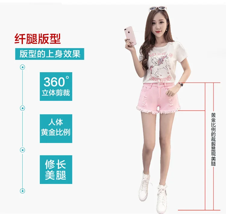 Denim Shorts Women's Summer Students White Hole Burrs Korean-style Loose And Plus-sized High-waisted Wide-Leg Shorts