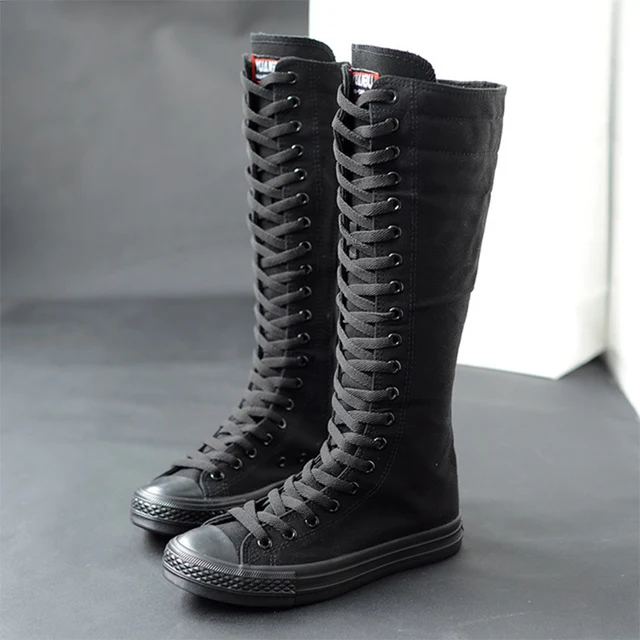 US $18.89 2020 Spring Women Canvas Lace Up Cross Tied Knee High Boots Zip Plus Size Ladies Flat White Black S