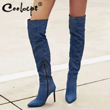 Coolcept/Большие размеры 32-46, женские сапоги выше колена высокого качества модные зимние сапоги с острым носком пикантная теплая обувь на тонком каблуке