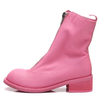 

Brand Pink Motorcycle Boots Women Vintage Zip Thick Heel Ankle Boots Genuine Leather Cowhide High-Top Shoes Street Runway Boots