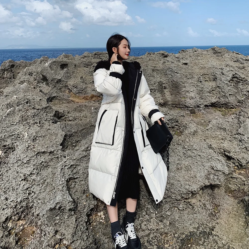 

Photo Shoot Sense of Design Large Pocket Contrast Color Lambs Wool Joint Cotton Overcoat 2019 Winter New Style Hooded Cotton Coa