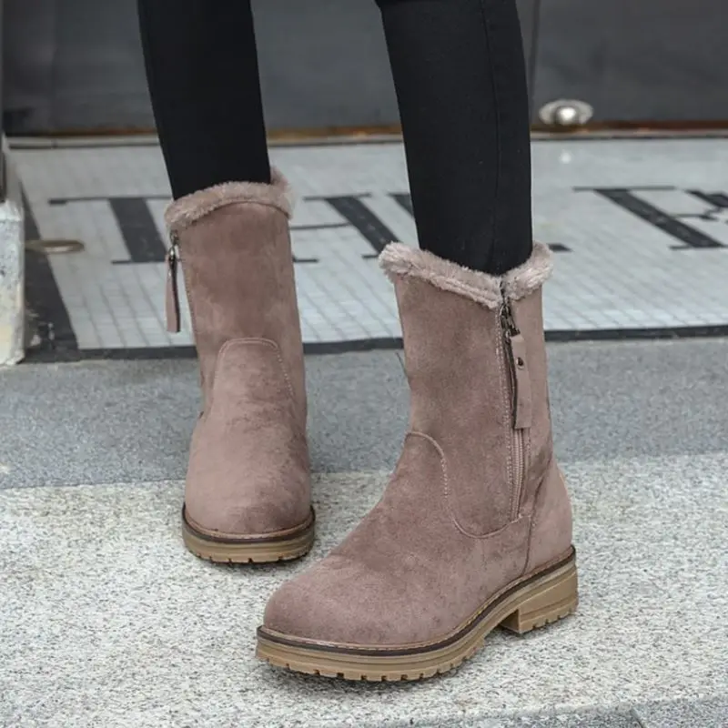 FITWEE Women Zipper Warm Mid Calf Boots Keep Warm Winter Snow Boots Daily Outdoor Flats Daily Shoes Woman Work Size 34-43