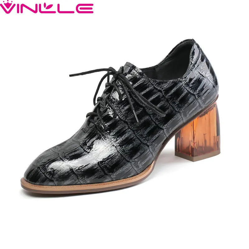 

VINLLE 2019 Fashion Women Pumps Lace Up Basic Genuine Leather Round Toe All Match Fashion Solid Casual Ladies Shoes Size 34-42