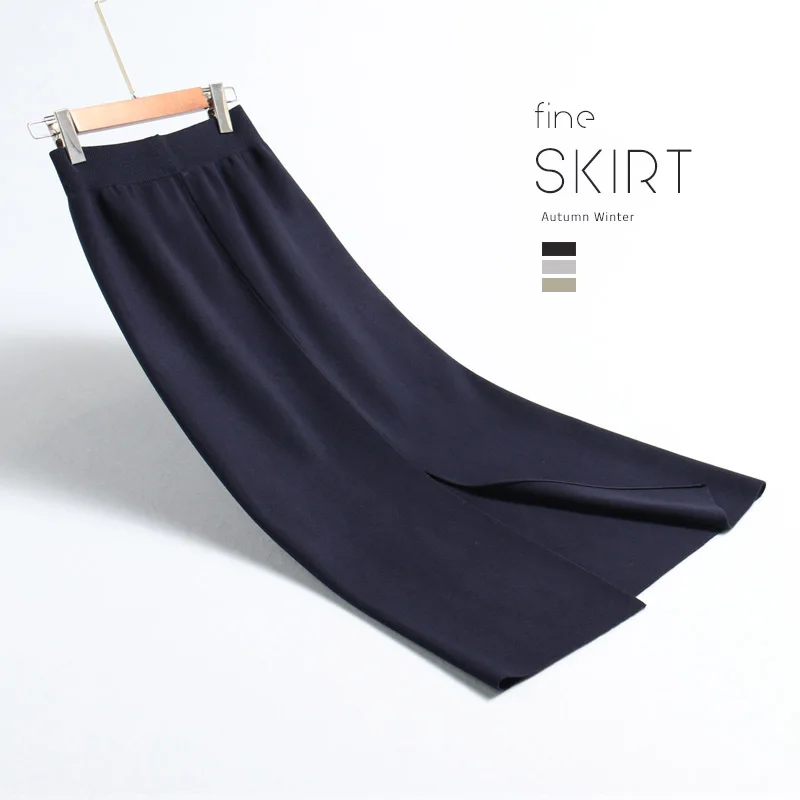 INNASOFAN knitted skirt Women's Autumn-winter sexy high waist skirt Fashionable high-end chic long solid skirt - Цвет: Королевский синий