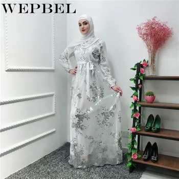 

WEPBEL Women Dress Arabic Islamic Abaya Muslim Lace Elegant Long Sleeve Sashes Embroidery Lady Dresses