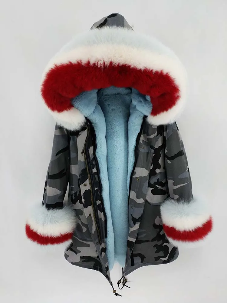 camo with cuffs Зимняя куртка женская длинная парка натуральный Лисий меховой капюшон, воротник пальто Верхняя одежда Съемная уличная Новая мода - Цвет: camo with cuffs