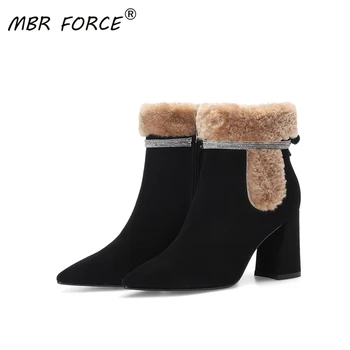 

MBR FORCE2020 latest high-quality real cowhide square head plush decoration square autumn and winter women's zipper ankle boots
