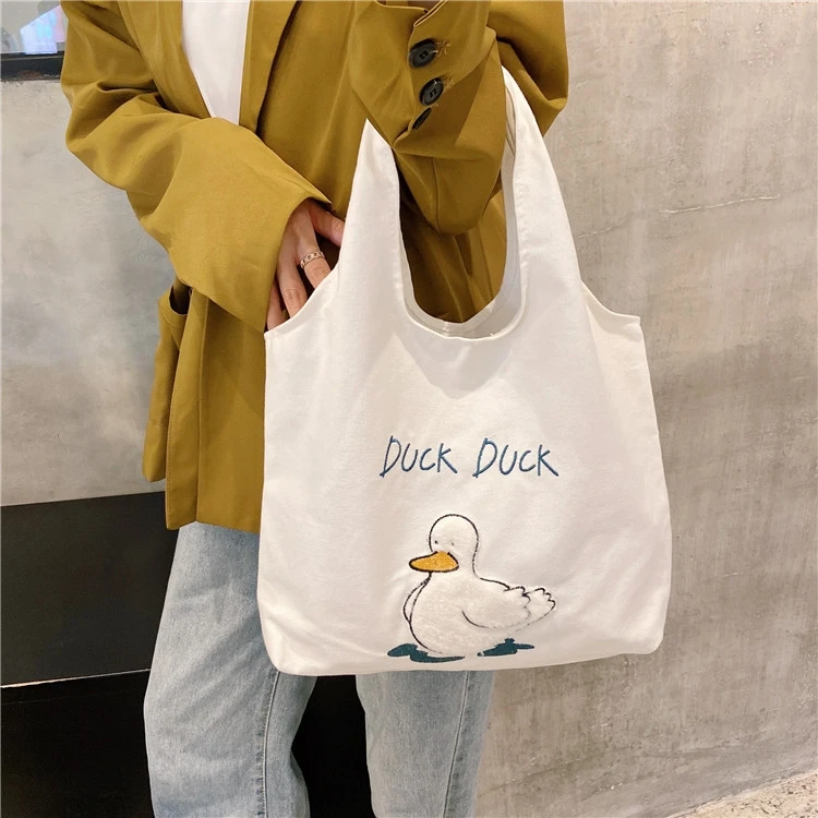 

Women Canvas Shoulder Bags Cute Fluffy Duck Embroidery Handbags Female Casual Cotton Cloth Tote Purses Girls Shopping Book Bag