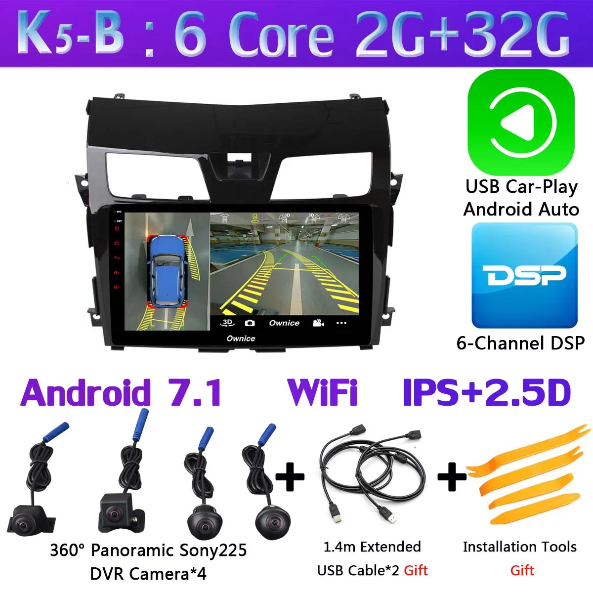 K5-B-CarPlay 360 ° камера 4G SIM+ WiFi Android 9,0 8Core 4G+ 64G gps радио CarPlay DSP SPDIF автомобильный мультимедийный плеер для Nissan Teana J33 2013 - Цвет: K5-B-CarPlay