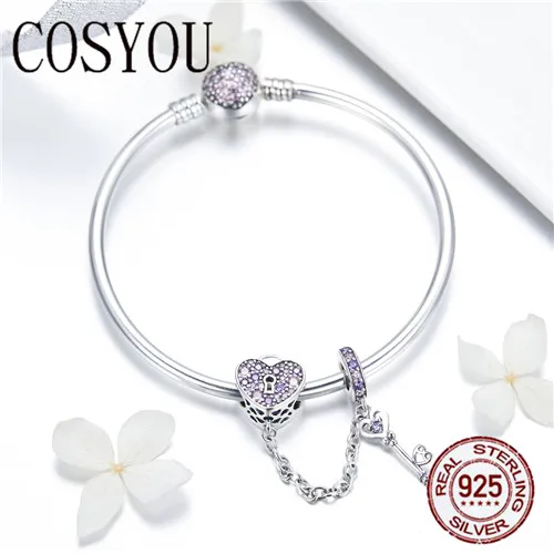 Koop COSYOU Echt 925 Sterling Zilveren Liefde Sleutel Hart Vorm Armbanden Armbanden voor Vrouwen Paars Zirkoon Valentine Gift Sieraden SCB820