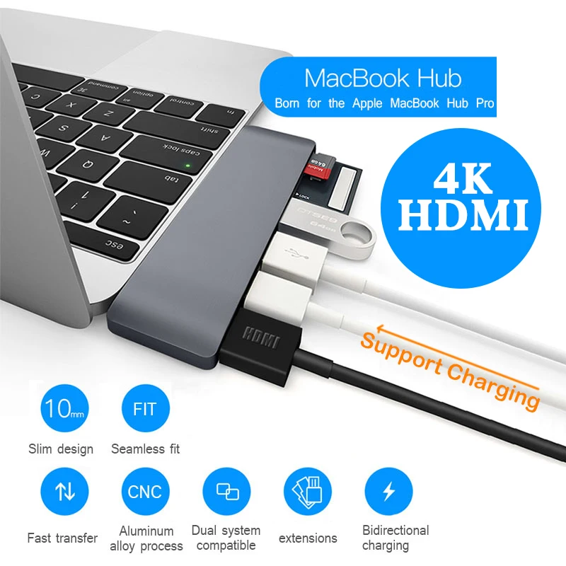 USB C концентратор 6 портов Тип C до 4K HDMI адаптер Мульти USB 3,0 порт USB-C док-станция для MacBook Pro поддержка PD зарядки