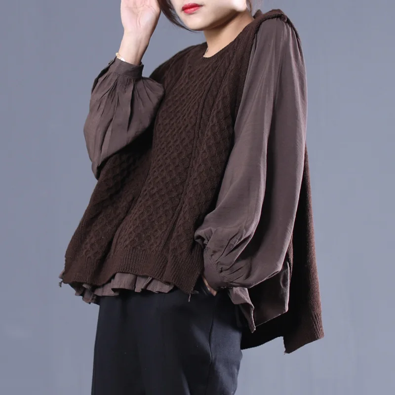 Женский осенний и зимний свитер большого размера в Корейском стиле с фальшивым подделкой из двух частей свободная футболка