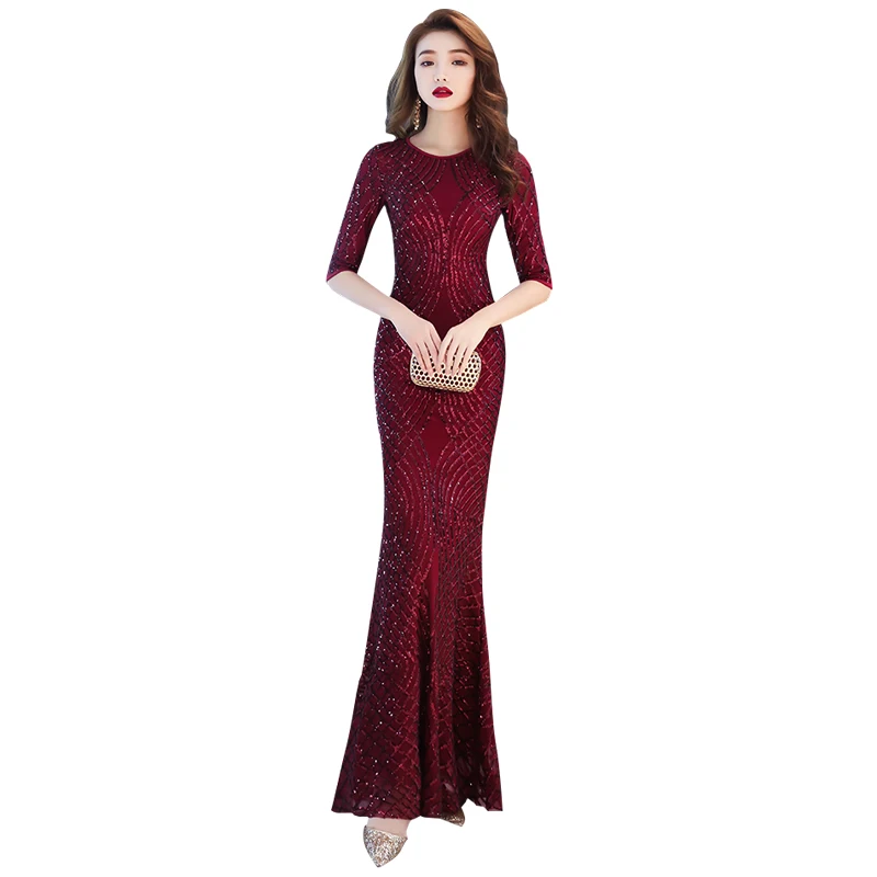 

Evening Dress O-neck Elegant Women Party Dresses Sequin Slim Zipper Robe De Soiree Half-sleeve Formal Evening Gowns 2019 F074
